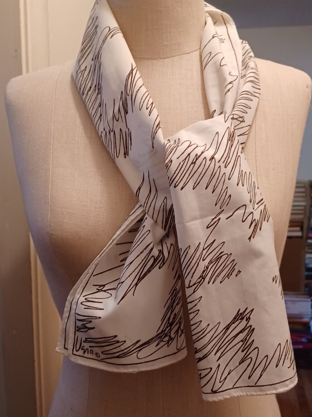 Vintage VERA Neumann SCARF, Brown/Cream Squiggly Pattern, 10”x 50” Neutrals